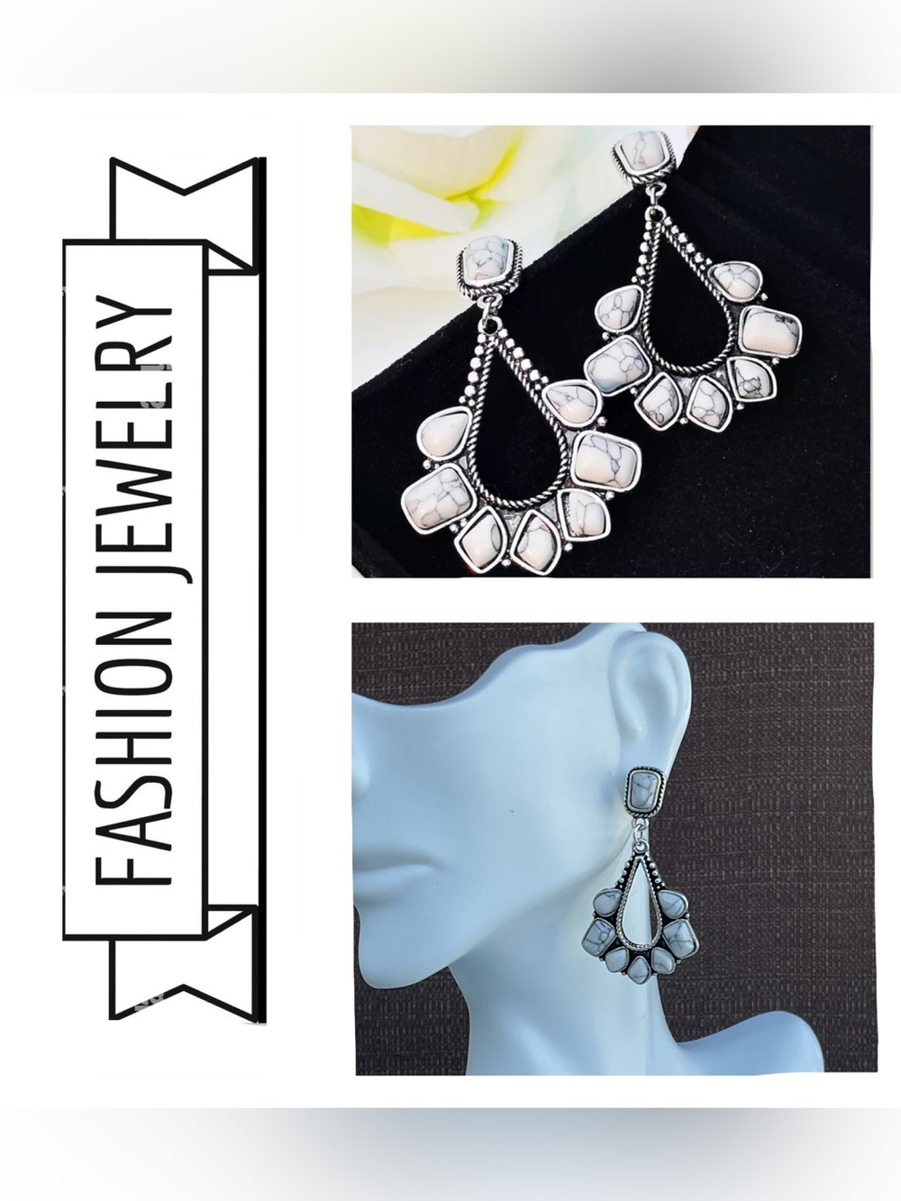 🌟🌟 Silver-Tone Earrings with White Marbled Stones